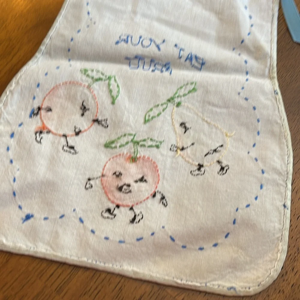 Embroidered Baby Bib Blue and White Child eat your fruit Vintage Handmade